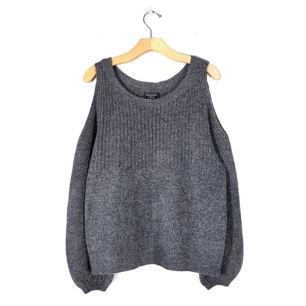 ABERCROMBIE 90s Boho Ribbed Knit Cold Shoulder Balloon Sleeve Sweater Gray Large